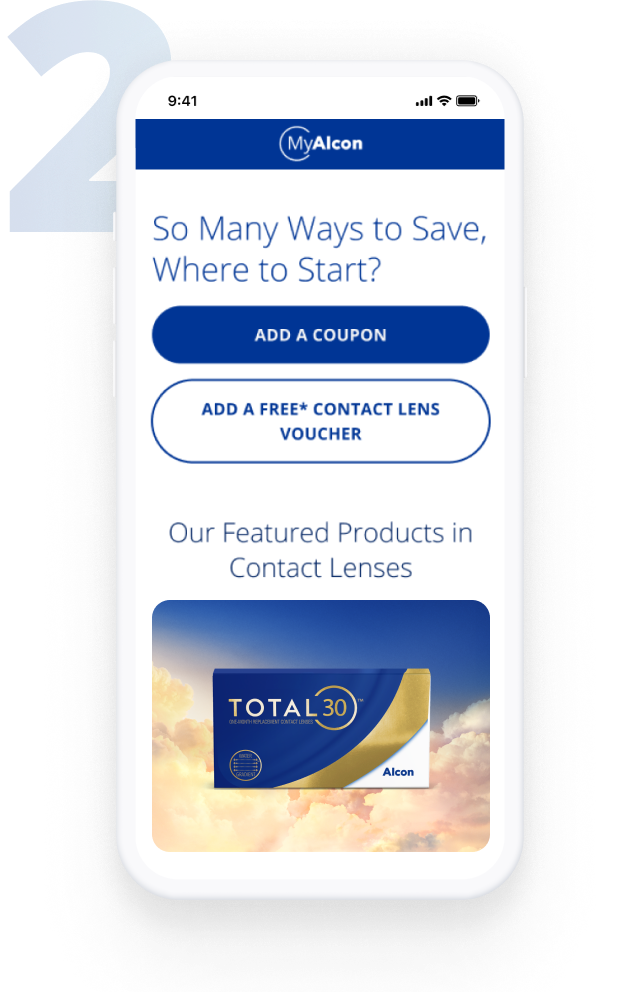 Mobile screen displaying the MyAlcon savings page with options to add a coupon or a free contact lens voucher, and a featured product image of TOTAL30 monthly contact lenses.