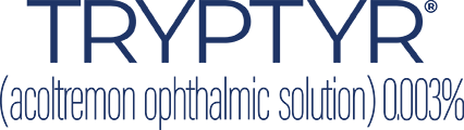 Logo displaying the word ‘TRYPTOYR’ with the text ‘(acoltemnon ophthalmic solution) 0.003%’ beneath it in a narrow blue font.