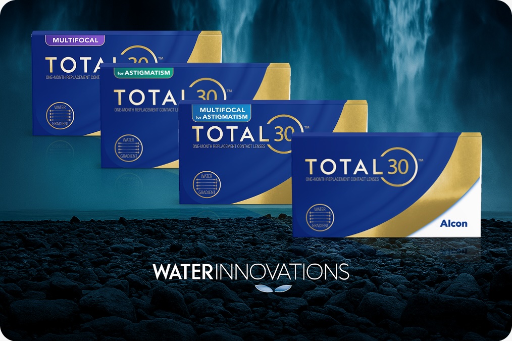 "Three boxes of Alcon TOTAL30 monthly contact lenses—standard, for astigmatism, and multifocal—displayed with a blue and gold design over a water-themed background with the words 'Water Innovations' below. "