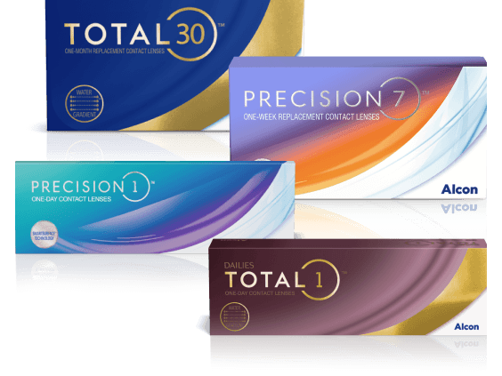 Alcon contact lens product boxes including TOTAL30 monthly, PRECISION7 weekly, PRECISION1 daily, and DAILIES TOTAL1 daily contacts
