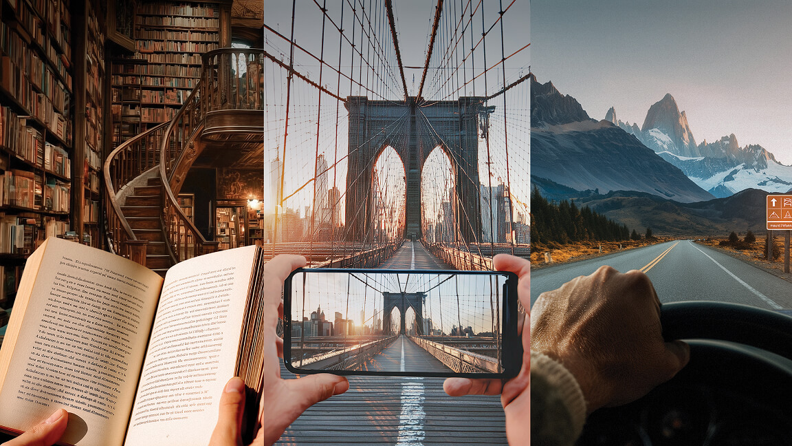 Split image showing reading a book in a library, taking a picture of the Brooklyn Bridge on a smartphone, and driving toward a mountain landscape, representing different vision experiences.