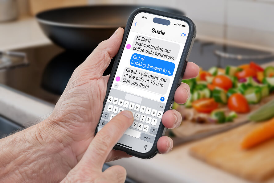 Hand holding a smartphone showing a text conversation while typing a message in a kitchen setting with food preparation in the background.